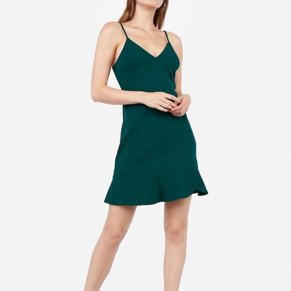 Express Ruffle Cami Fit and Fall Dress in Emerald Green